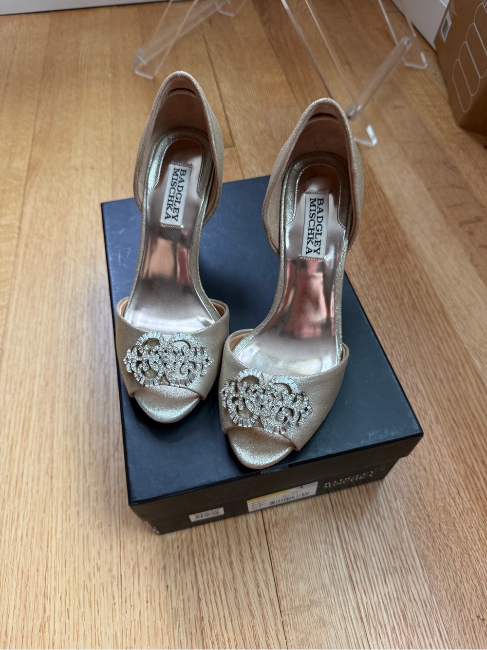 Badgley Mischka Champagne Gold Crystal-Embellished Peep-Toe Heels